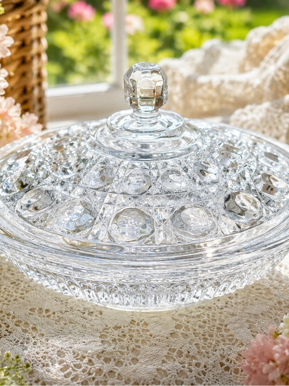 Vintage Federal Glass Windsor Button & Cane Candy Dish Fairy Lamp